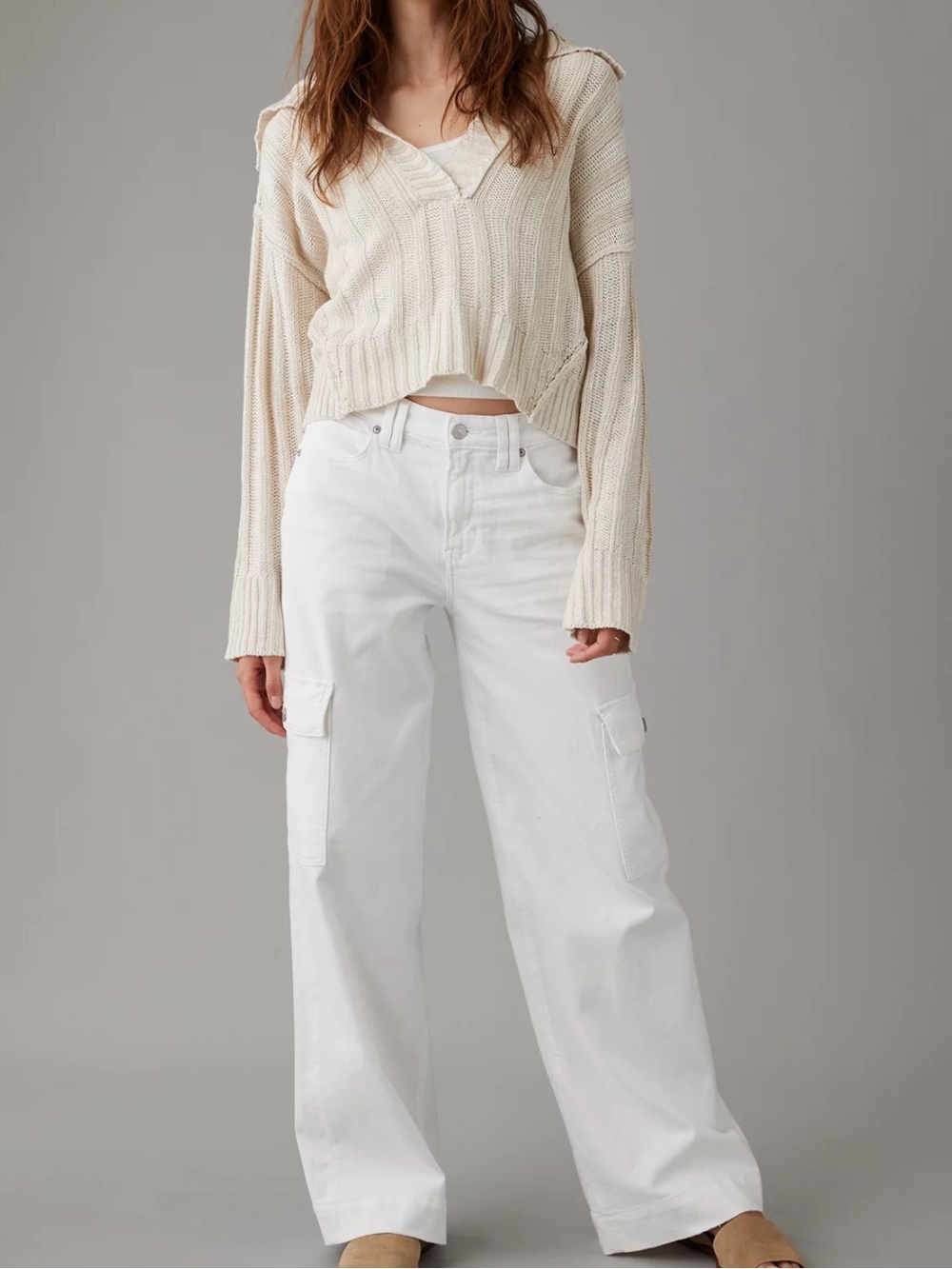 American Eagle Baggy Wide Leg Cargo Jeans White Women’s 6 X-Long Stretch New
